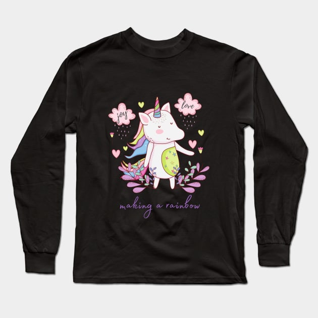 Cute Little Unicorn Making a Rainbow Long Sleeve T-Shirt by Vegan Squad